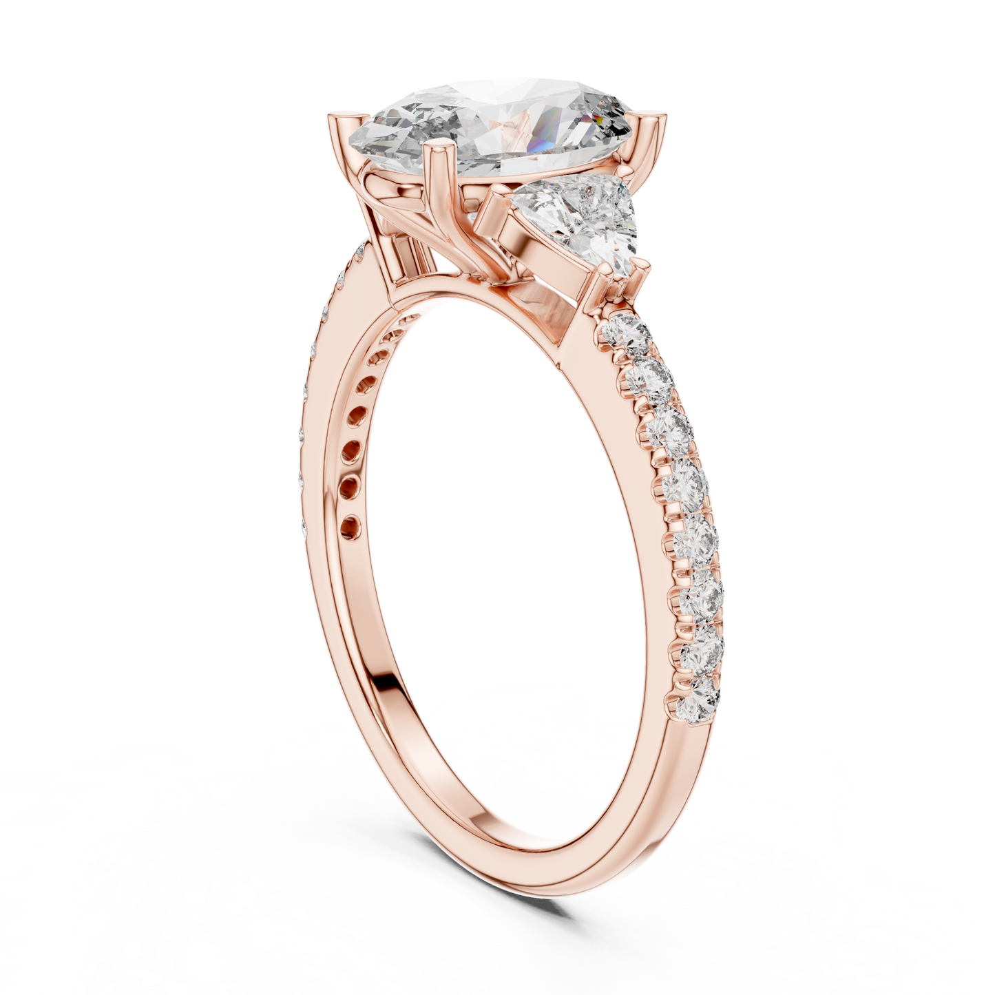 Hand model wearing the exquisite oval cut lab grown diamond ring with sparkling side stones and gold band showing perfect fit for an anniversary gift