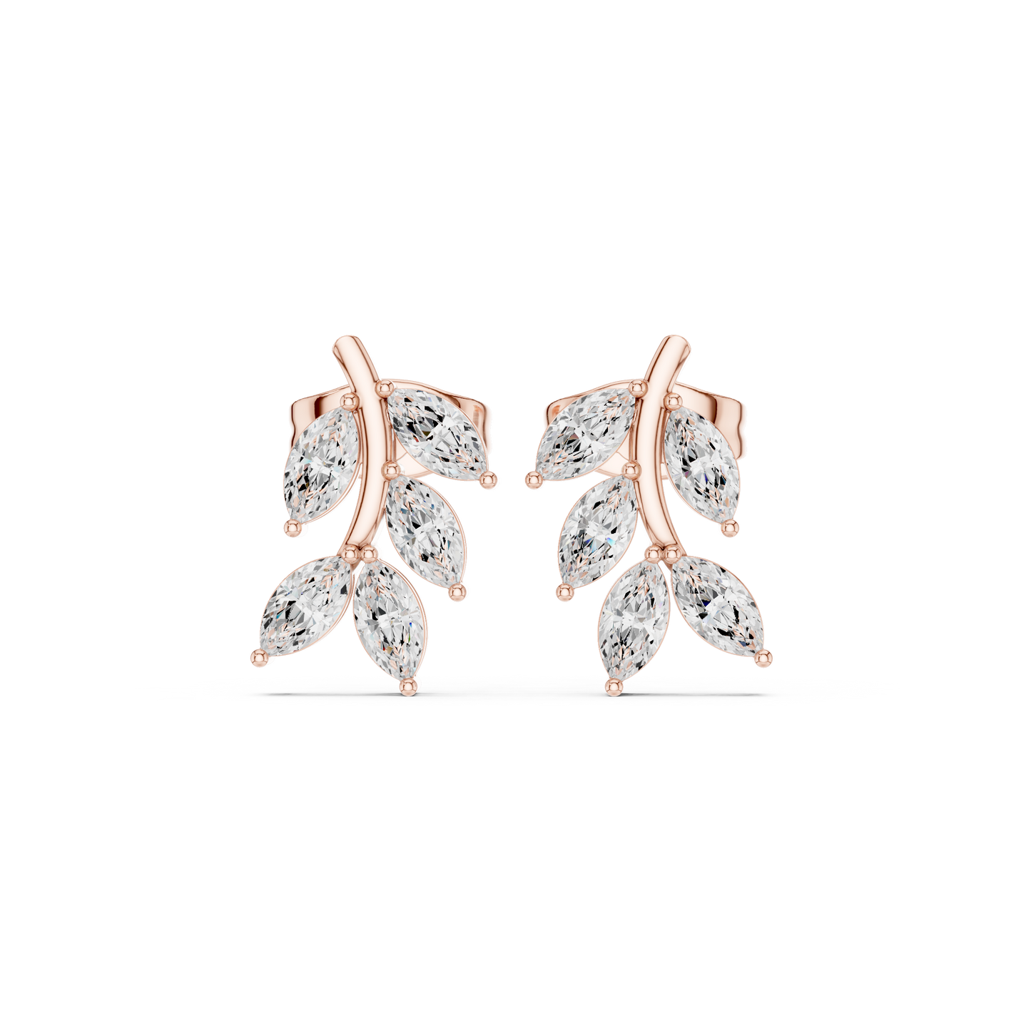 Handcrafted 14K Gold Diamond Studs Marquise Leaf Design Minimalist Luxury Jewelry