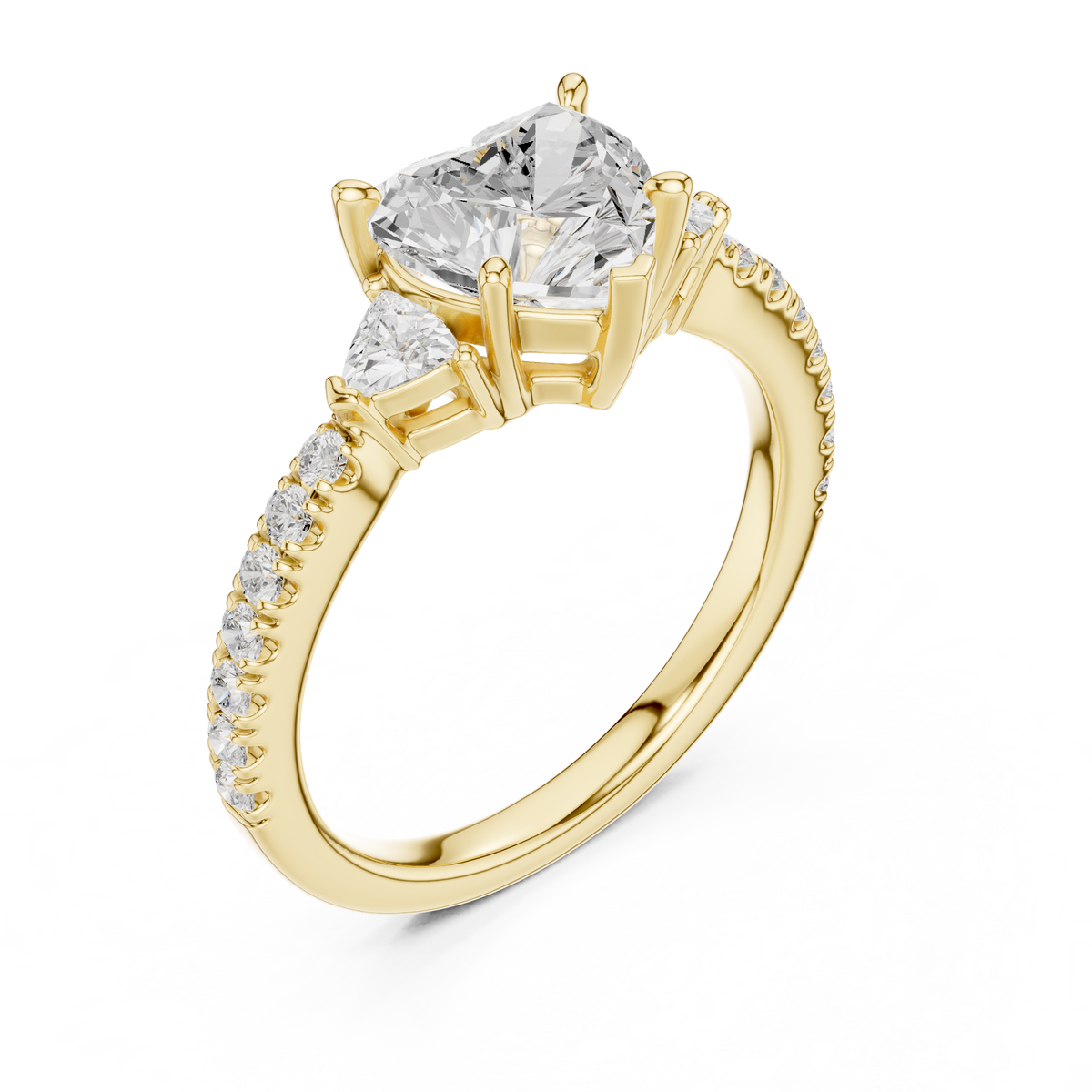 Handcrafted gold diamond ring in workshop setting highlighting master artisan setting technique, heart diamond alignment, and pave stone diamond setting accuracy.
