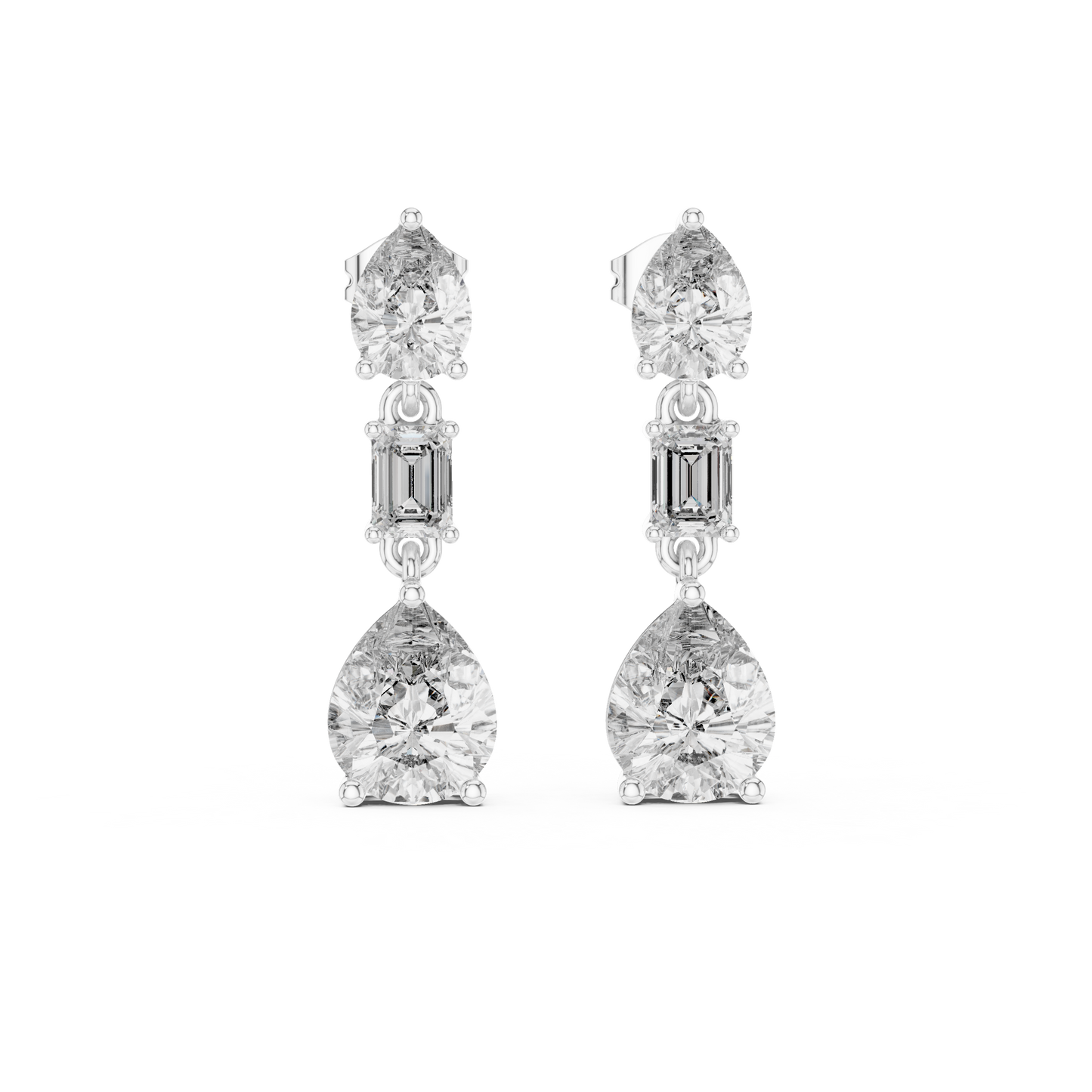 Handcrafted sterling silver pear emerald cut diamond dangle earrings