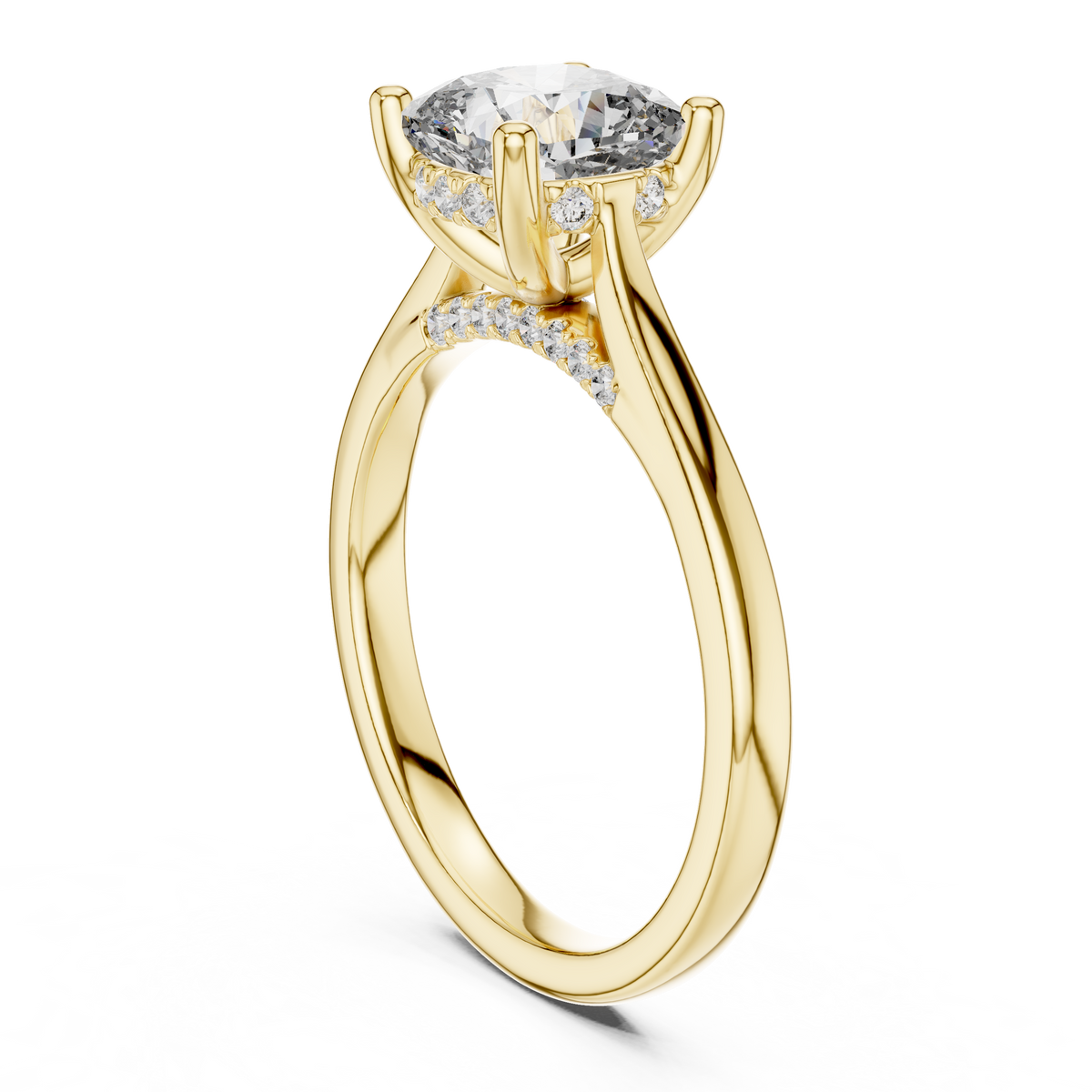 Handcrafted workshop detail showing polished solid gold setting with micro pave under halo accent diamonds ready in luxury ring box presentation.

