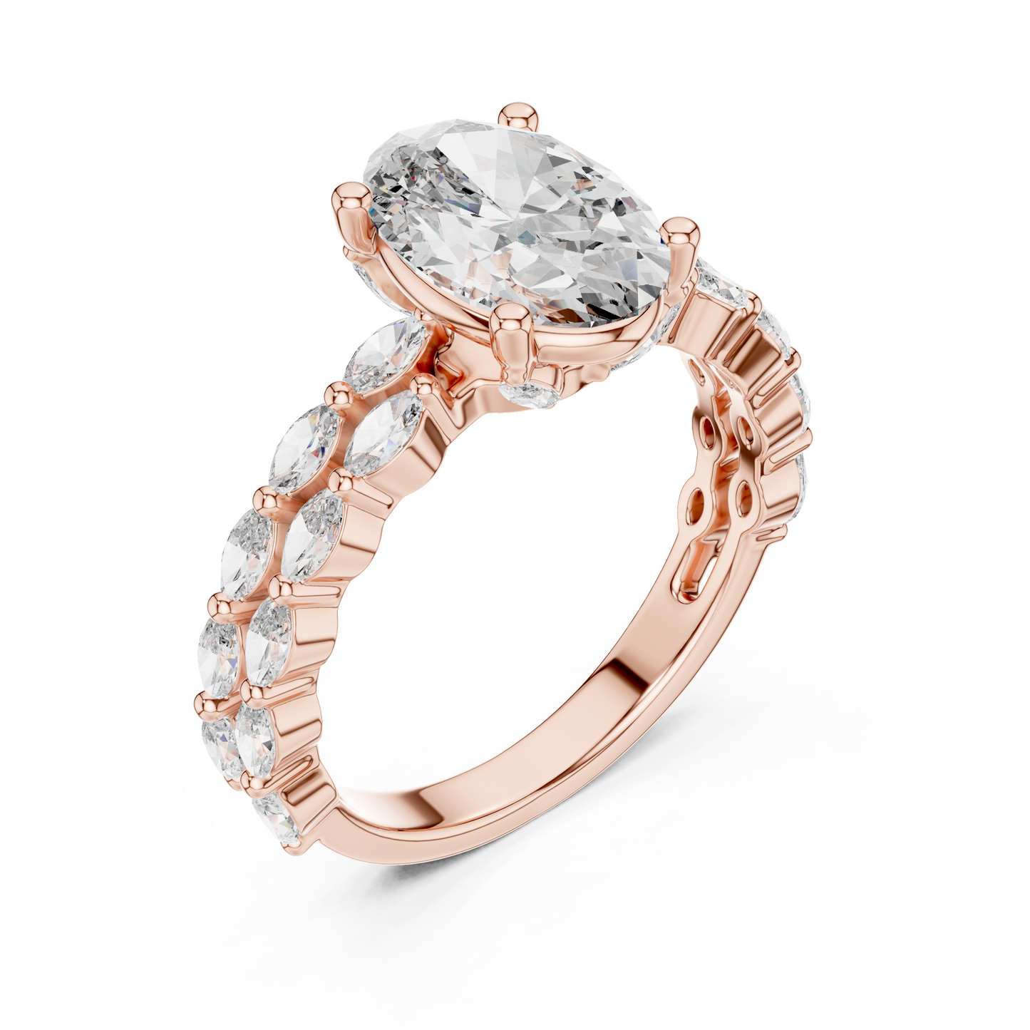 Handmade 14K Gold Oval Lab Grown Diamond Ring With Marquise Side Stones Perfect Bridal Statement Piece
