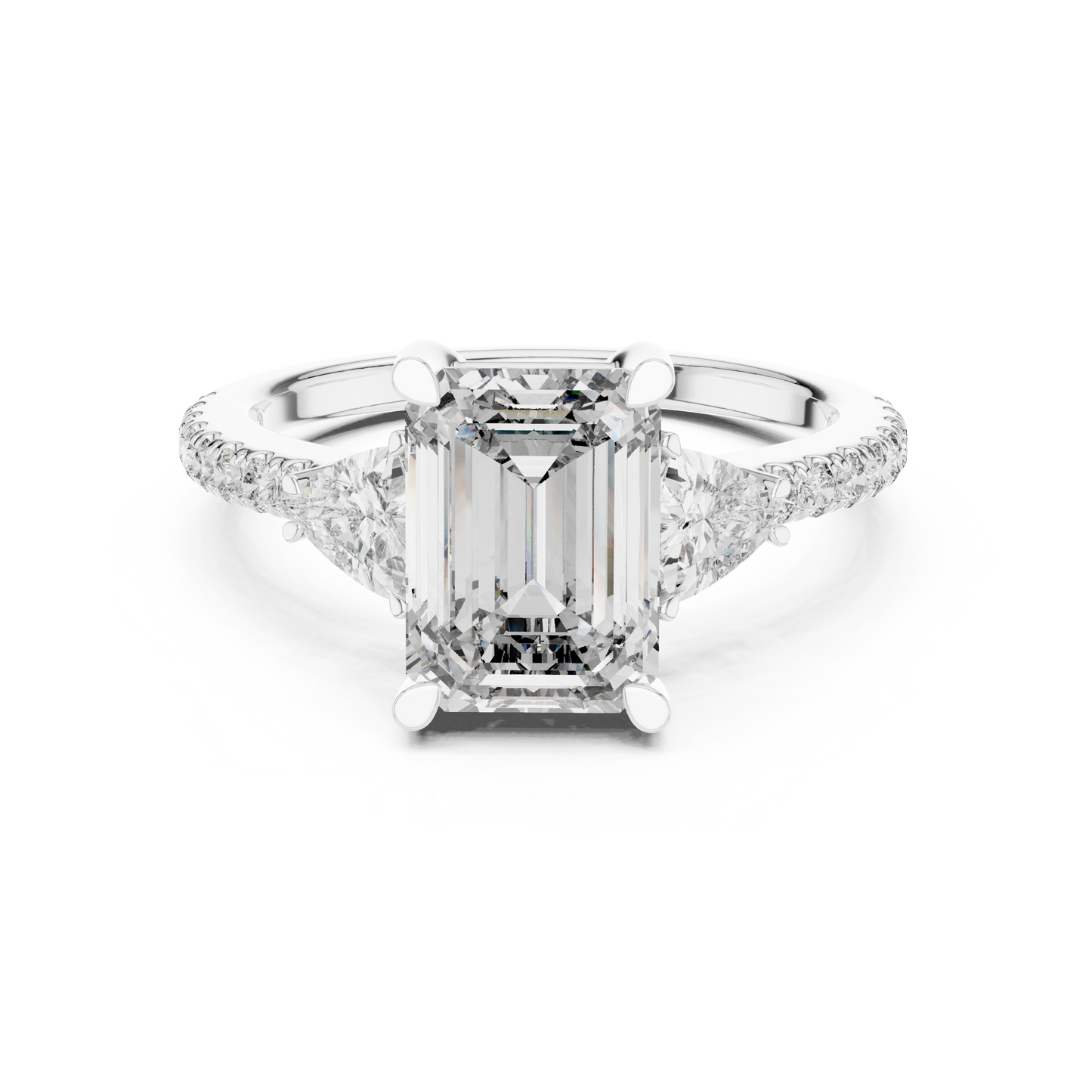 High Quality 14K Gold Three Stone Emerald Cut Ring Designed By HB Prestige Jewels For Modern Brides Luxury Look