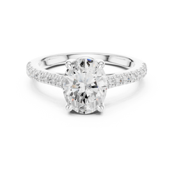 High resolution side view of the pave band engagement ring showing the delicate diamond placement and metal thickness for durability

