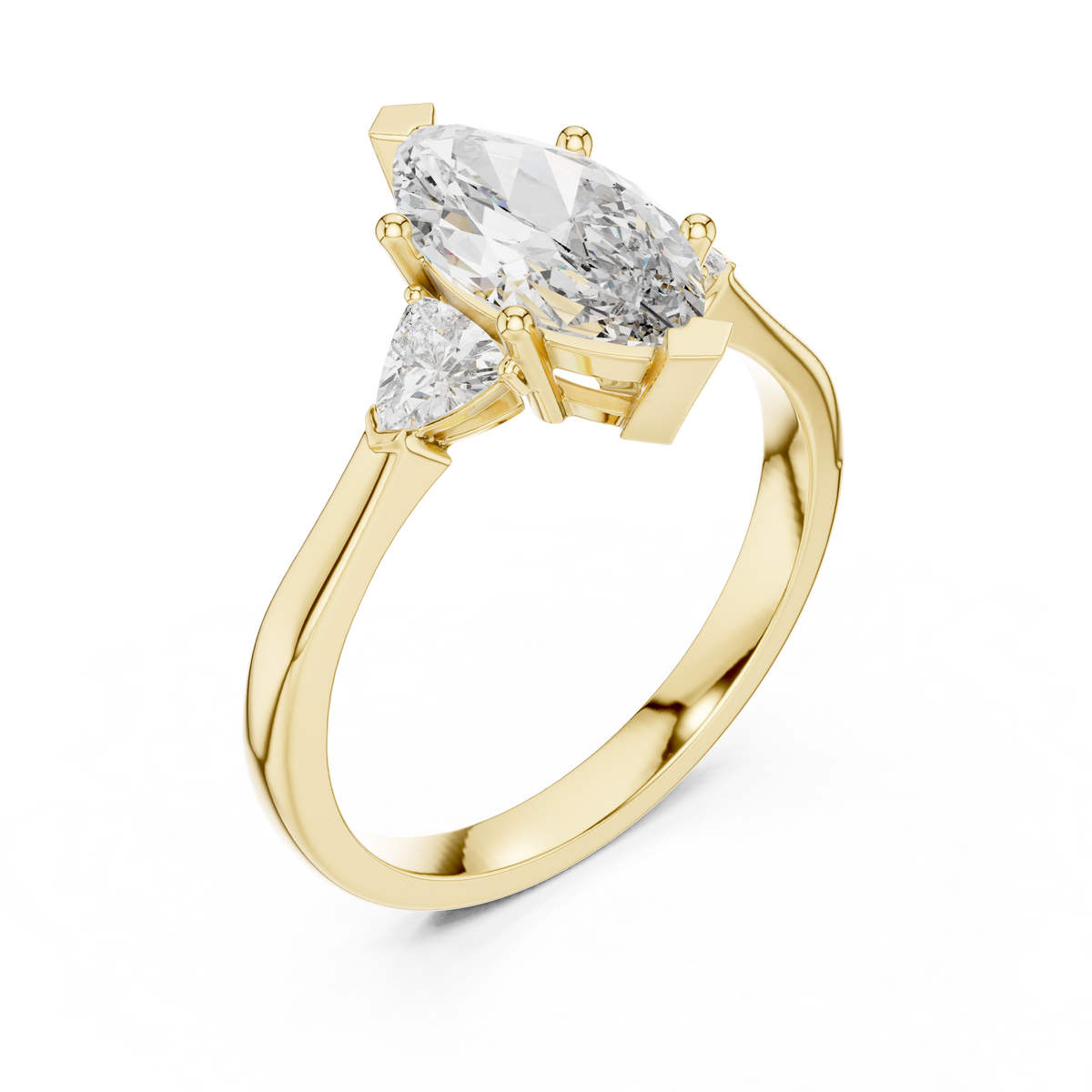 Jewelry artisan workshop perspective showing hand finishing and precise stone setting of the Marquise and Trillion lab diamonds in 14k gold.

