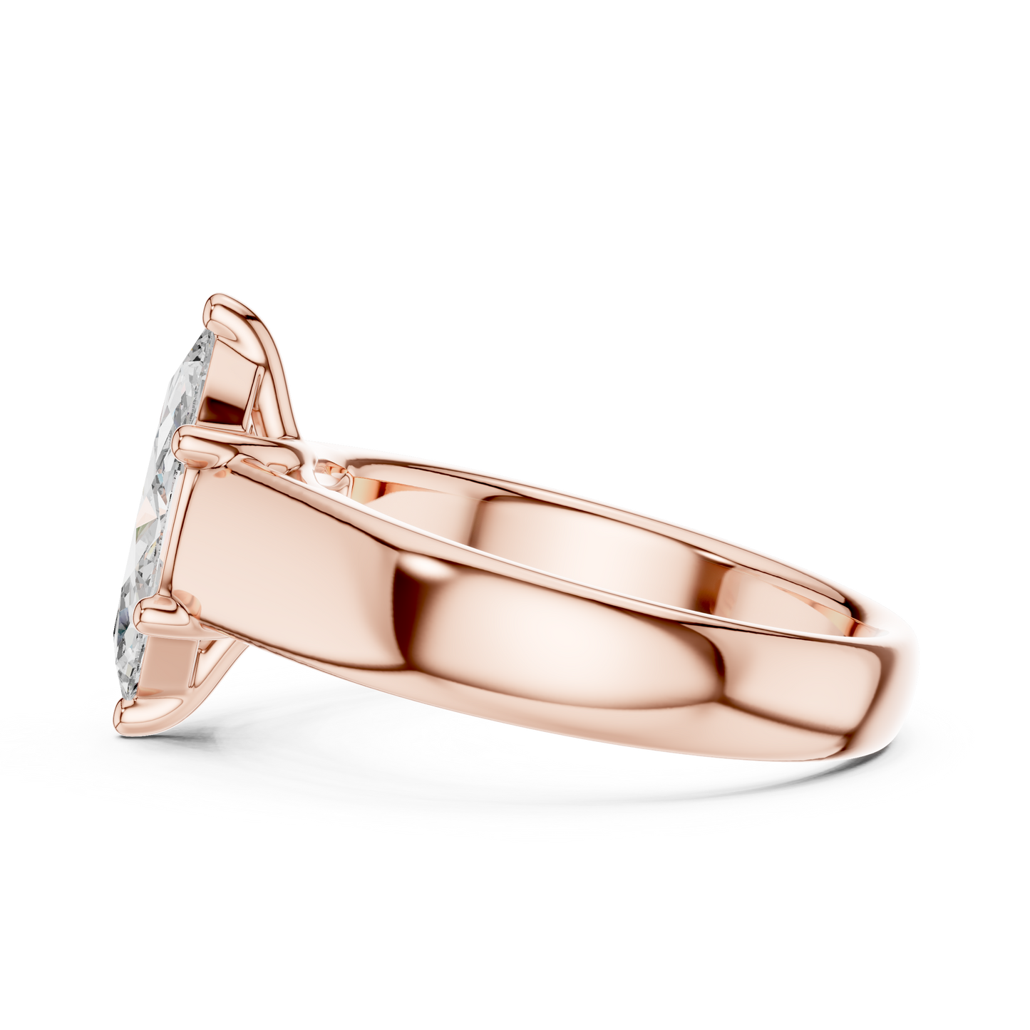 Luxury 14K Gold Marquise Solitaire Lab Diamond Ring Side Profile Angle Showing Sleek Tapered Shank Design For Bridal Engagement