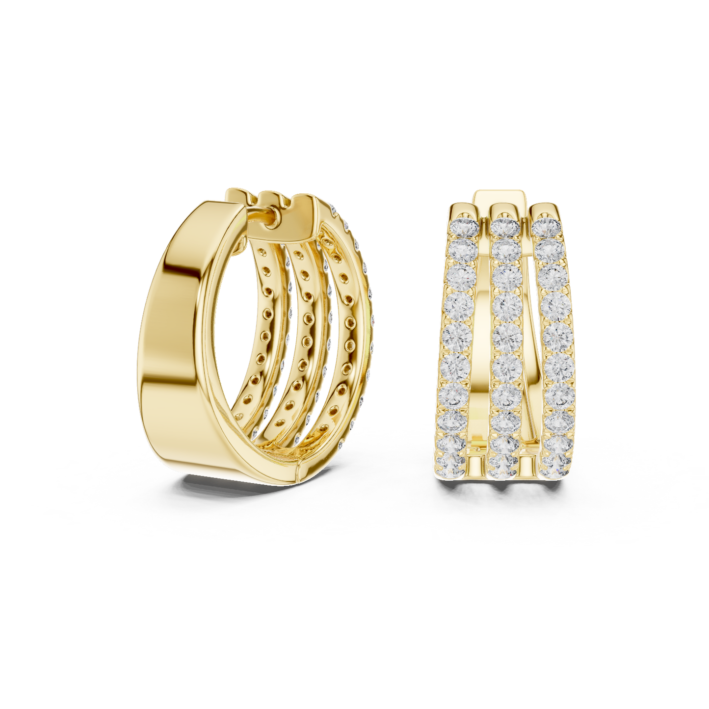 Luxury Triple Row Diamond Huggie Hoop Earrings in 14K Gold - Pavé Set Diamond Huggie Earrings – Minimalist Everyday Luxury anniversary romantic present presentation