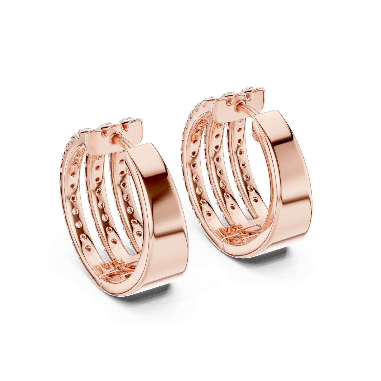 Luxury Triple Row Diamond Huggie Hoop Earrings in 14K Gold - Pavé Set Diamond Huggie Earrings – Minimalist Everyday Luxury in Gold main front studio view