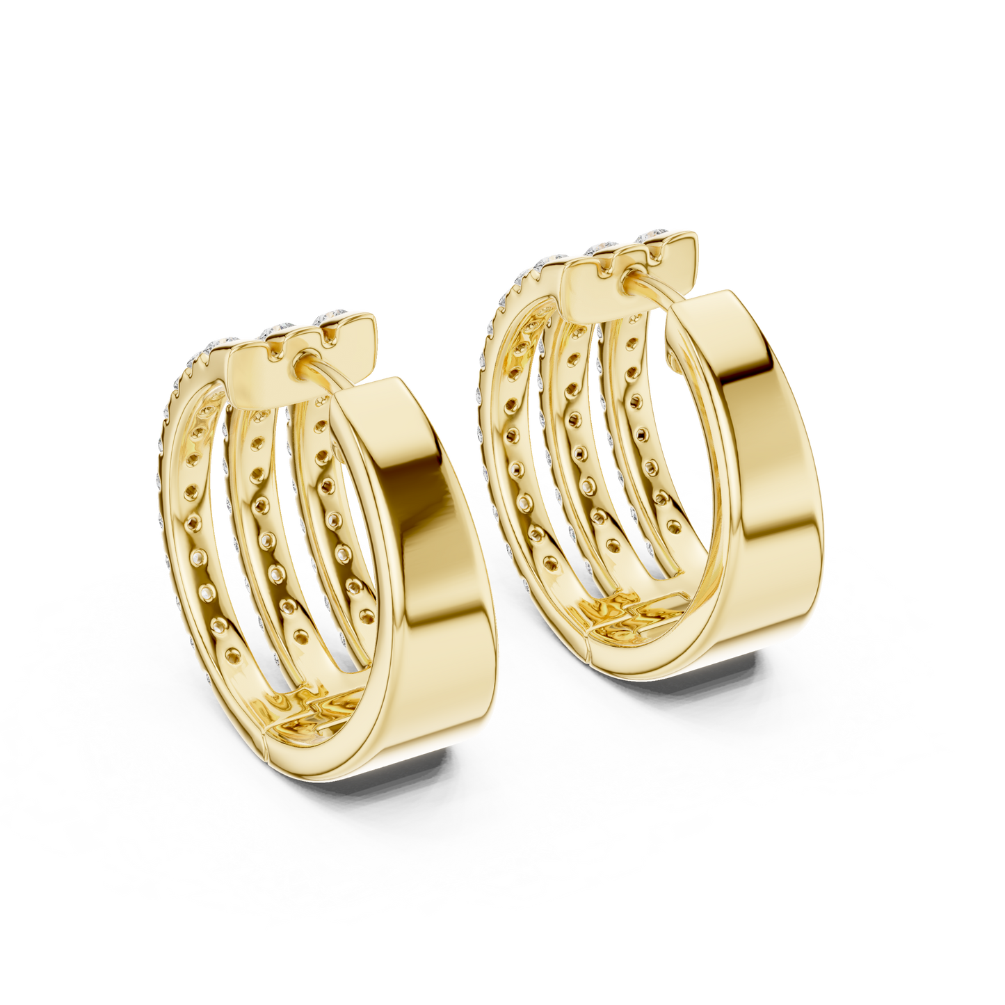 Luxury Triple Row Diamond Huggie Hoop Earrings in 14K Gold - Pavé Set Diamond Huggie Earrings – Minimalist Everyday Luxury rhodium anti tarnish finish reflection