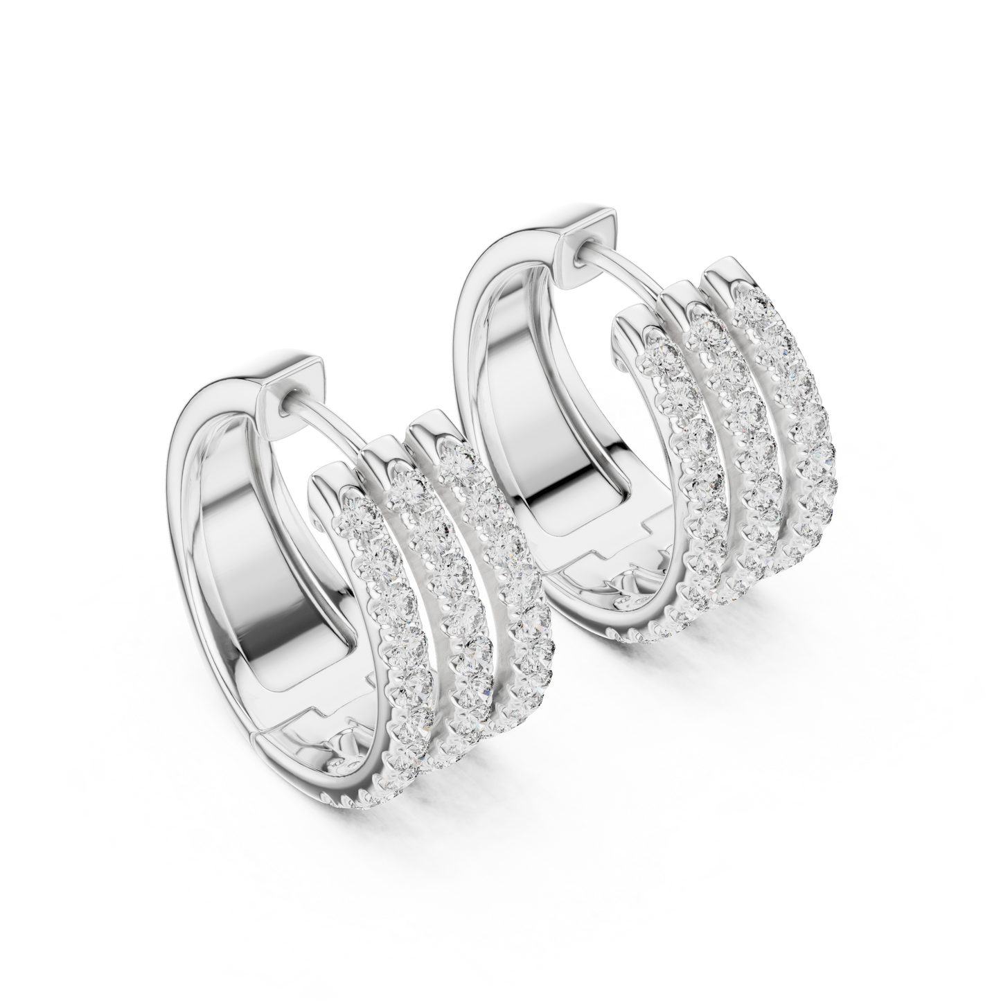 Luxury Triple Row Diamond Huggie Hoop Earrings in 14K Gold - Pavé Set Diamond Huggie Earrings – Minimalist Everyday Luxury side profile angle high polish finish