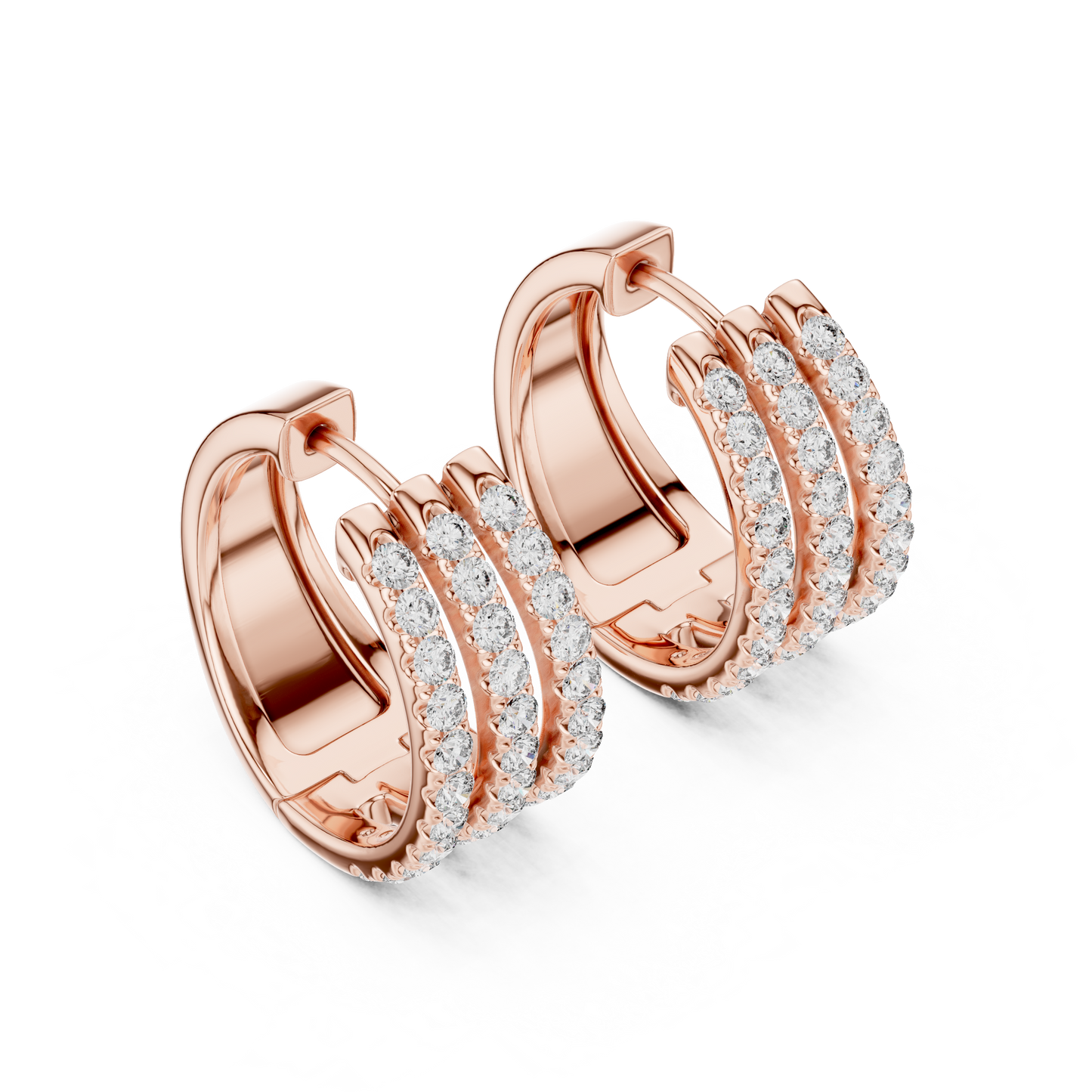 Luxury Triple Row Diamond Huggie Hoop Earrings in 925 Sterling Silver - Pavé Set Diamond Huggie Earrings – Minimalist Everyday Luxury - Rare Design Triple Line Diamond Hoop Earrings – Statement Luxury in Silver main front studio view