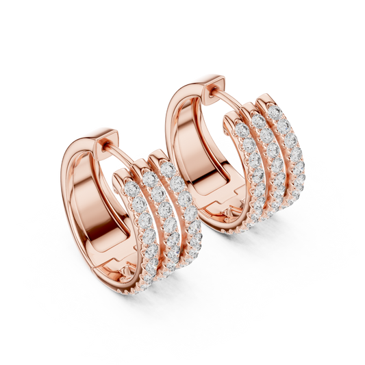 Luxury Triple Row Diamond Huggie Hoop Earrings in 925 Sterling Silver - Pavé Set Diamond Huggie Earrings – Minimalist Everyday Luxury - Rare Design Triple Line Diamond Hoop Earrings – Statement Luxury in Silver main front studio view