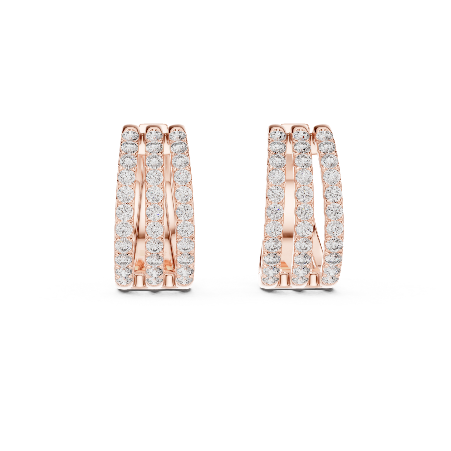 Luxury Triple Row Diamond Huggie Hoop Earrings in 925 Sterling Silver - Pavé Set Diamond Huggie Earrings – Minimalist Everyday Luxury - Rare Design Triple Line Diamond Hoop Earrings – Statement Luxury side profile angle high polish finish