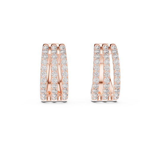 Luxury Triple Row Diamond Huggie Hoop Earrings in 925 Sterling Silver - Pavé Set Diamond Huggie Earrings – Minimalist Everyday Luxury - Rare Design Triple Line Diamond Hoop Earrings – Statement Luxury side profile angle high polish finish