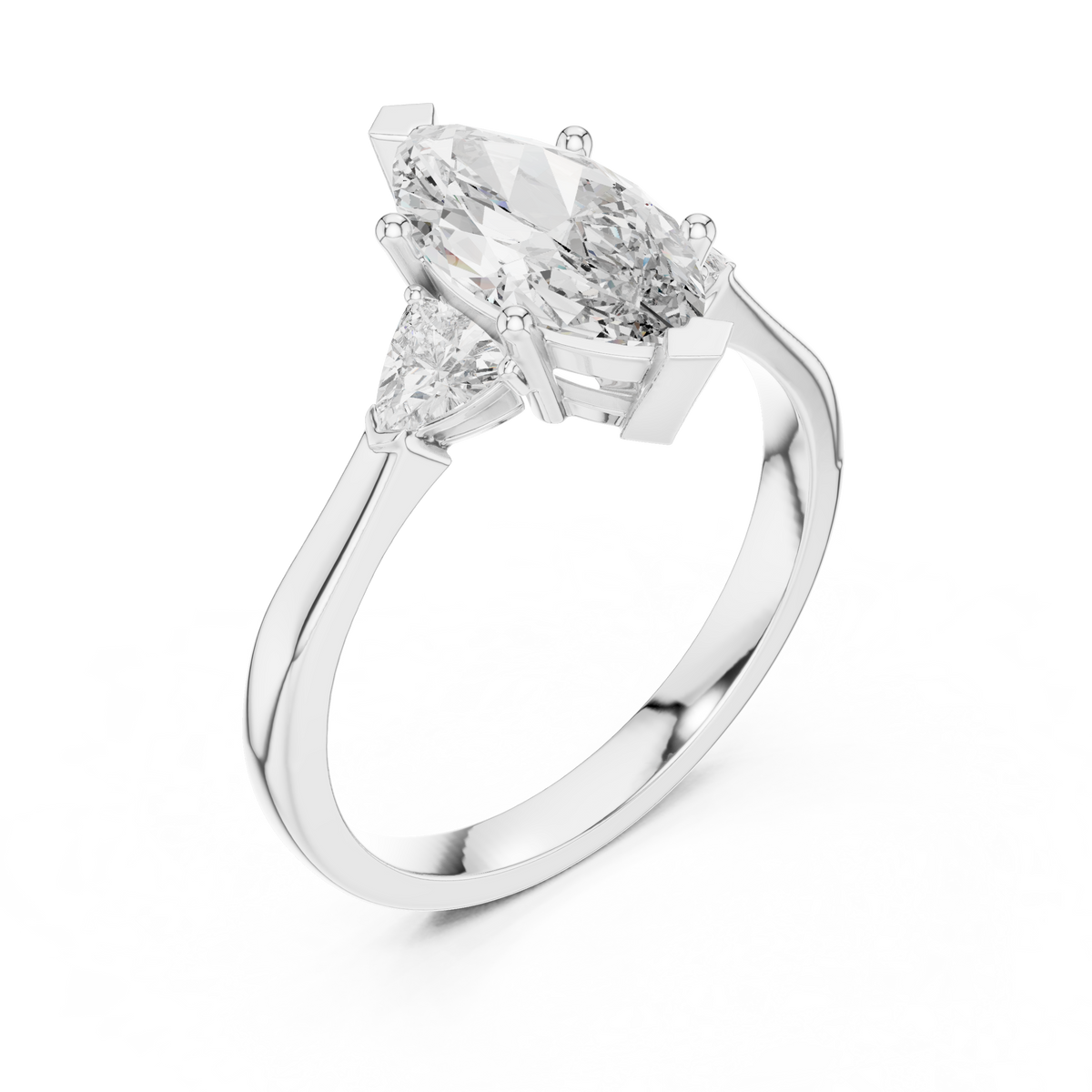 Luxury dark velvet gift box display showcasing the premium presentation of the HB Prestige Jewels three stone Marquise lab diamond engagement ring.

