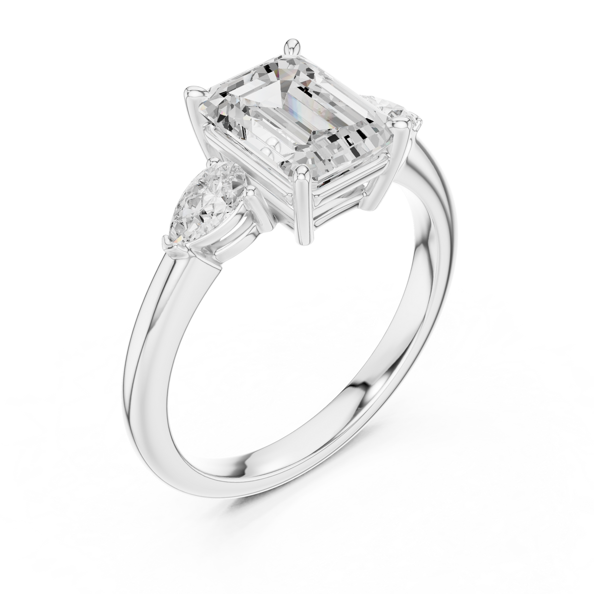 Luxury velvet ring gift box presentation containing a handcrafted 14K solid gold emerald cut lab grown diamond 3 stone ring designed as a timeless anniversary gift for her.