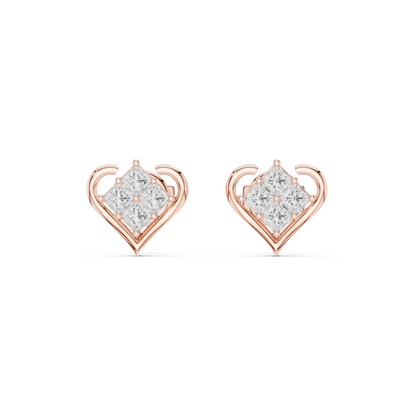 Heart Shape Princess Cut Diamond Stud Earrings in 14K Gold | Minimal Luxury Love Earrings | Princess Cut Cluster Diamond Heart Stud Earrings | Elegant Bridal & Daily Wear