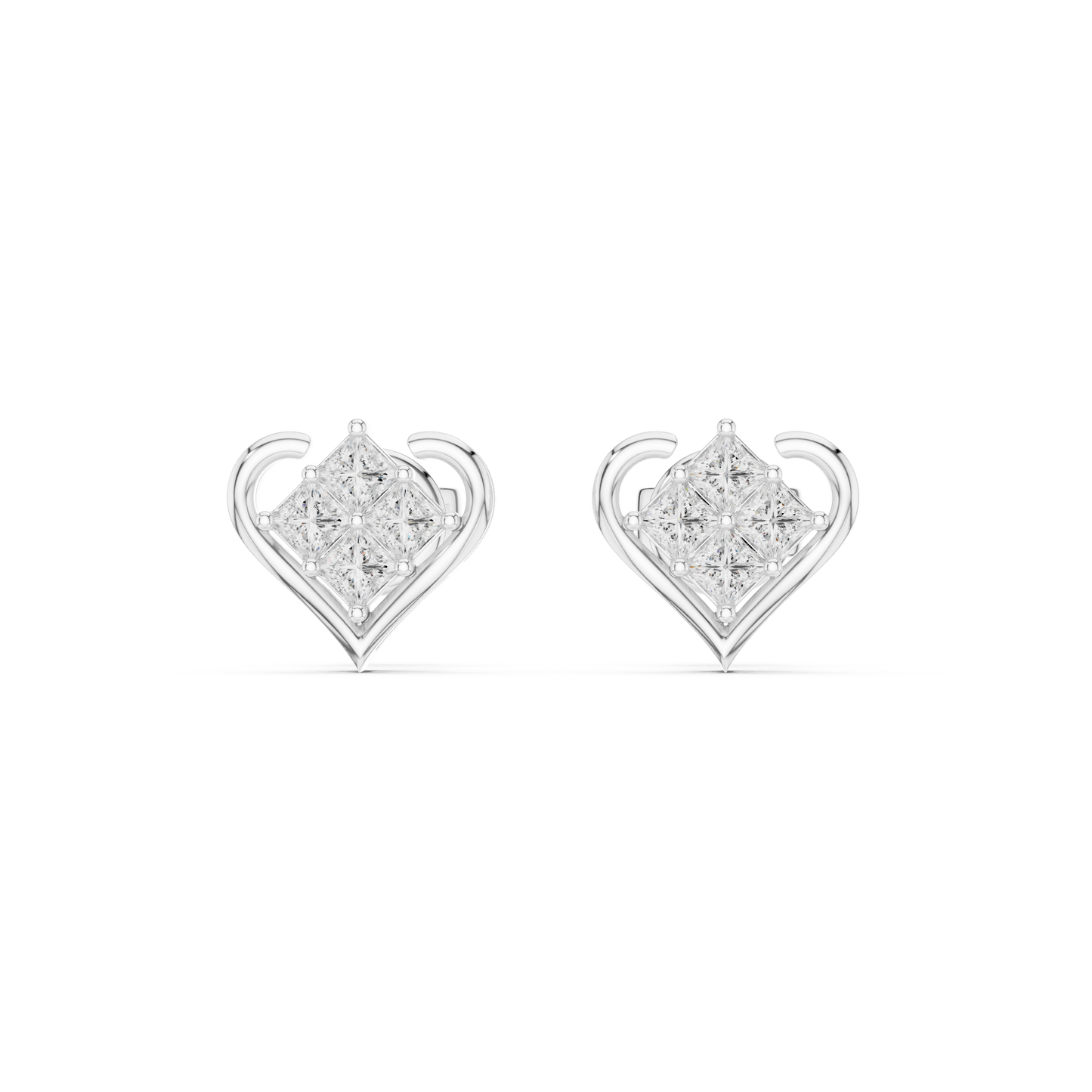 Heart Shape Princess Cut Diamond Stud Earrings in 14K Gold | Minimal Luxury Love Earrings | Princess Cut Cluster Diamond Heart Stud Earrings | Elegant Bridal & Daily Wear