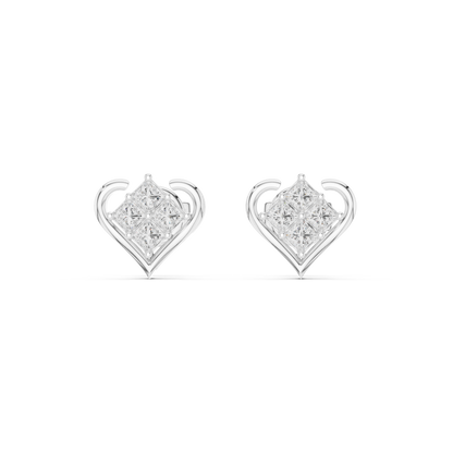 Heart Shape Princess Cut Diamond Stud Earrings in 14K Gold | Minimal Luxury Love Earrings | Princess Cut Cluster Diamond Heart Stud Earrings | Elegant Bridal & Daily Wear