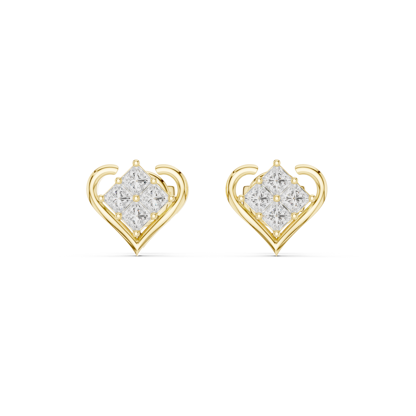 Heart Shape Princess Cut Diamond Stud Earrings in 14K Gold | Minimal Luxury Love Earrings | Princess Cut Cluster Diamond Heart Stud Earrings | Elegant Bridal & Daily Wear