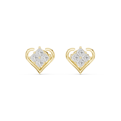 Heart Shape Princess Cut Diamond Stud Earrings in 14K Gold | Minimal Luxury Love Earrings | Princess Cut Cluster Diamond Heart Stud Earrings | Elegant Bridal & Daily Wear