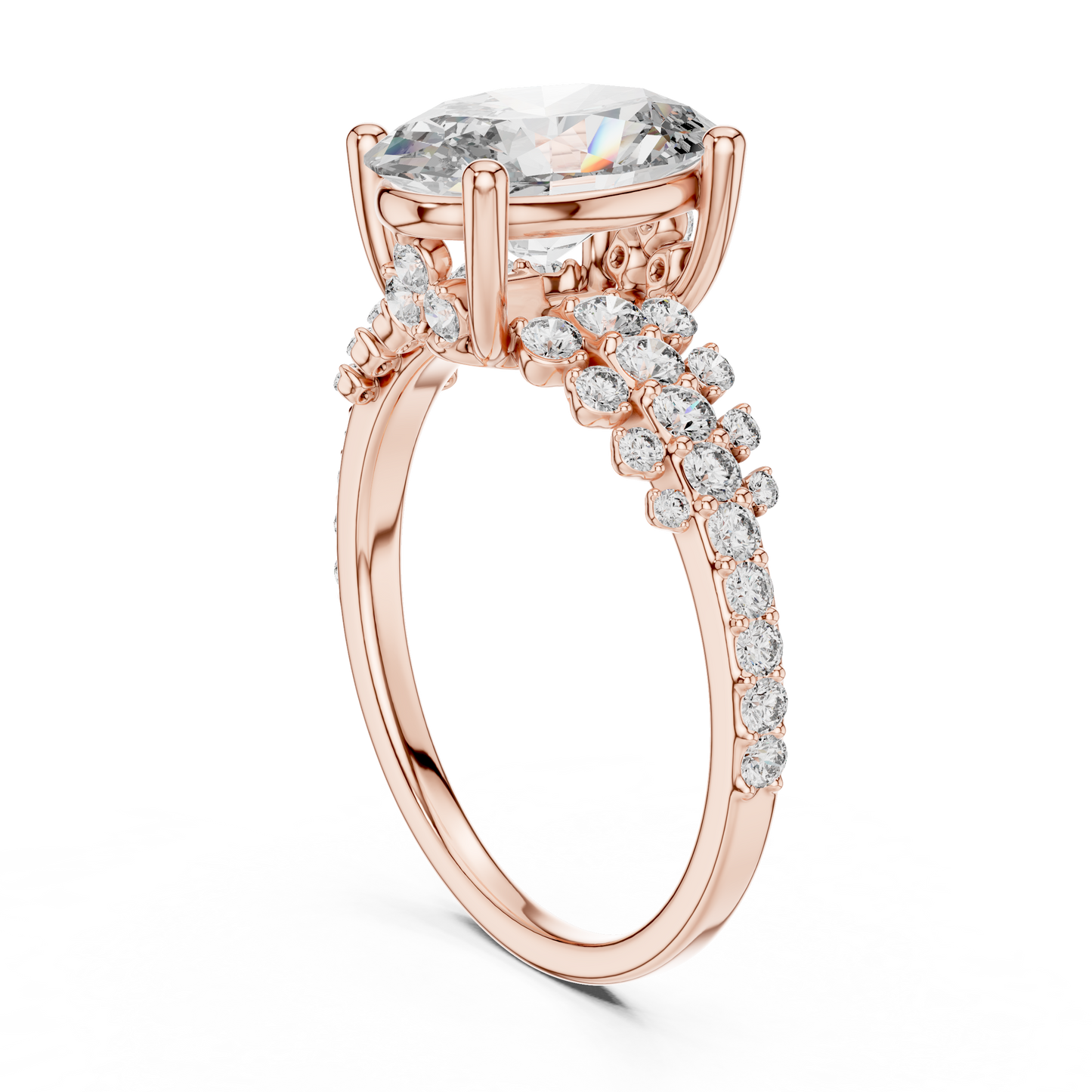 Macro Close Up Of Oval Lab Grown Diamond Ring Hidden Halo Brilliance 14K Gold Craftsmanship Detail