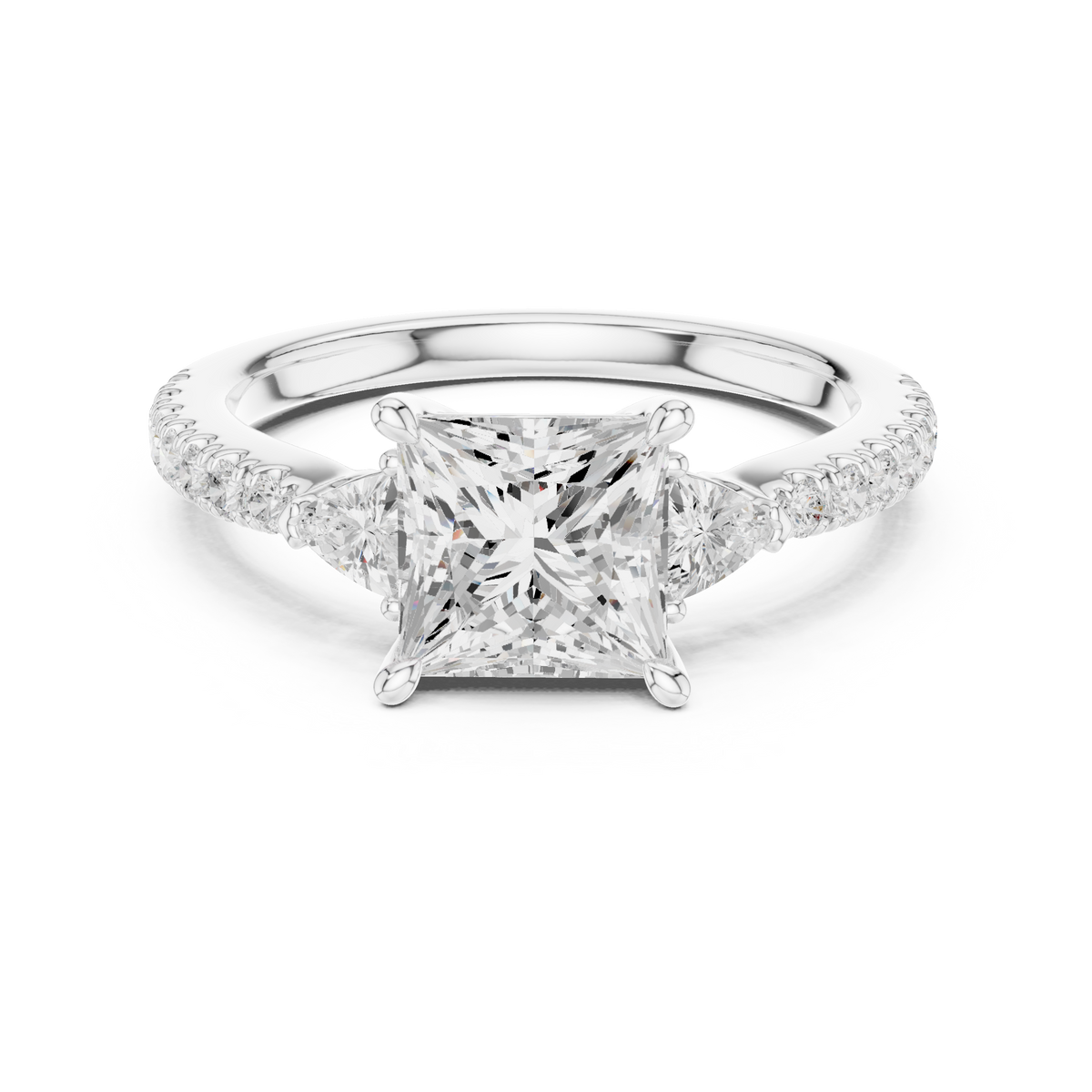 Macro close up view of a Lab Diamond Three Stone Engagement Ring highlighting the VVS1 clarity and EF color grade of the center princess cut lab grown diamond and precision pave set band polished in solid 14k gold by artisan jewellers at HB Prestige Jewels.