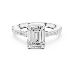 Macro detail photograph illustrating the 10K 14K 18K white gold metal structure, claw prongs, and seamless micro pave setting work, ideal for brides desiring elegant handcrafted heirloom quality fine jewelry.