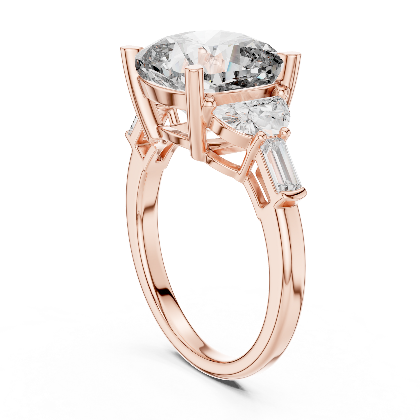 Macro detail view of the collet setting and tapered band of our artisan crafted 14K gold lab diamond ring highlighting the premium craftsmanship and clarity of the side stones