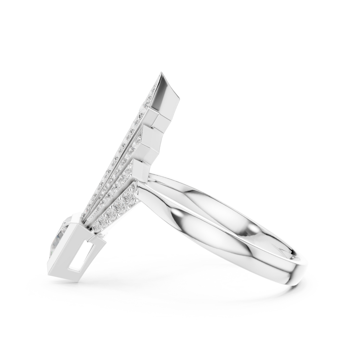 Macro photograph displaying the solid gold hallmark and band craftsmanship of this geometric art deco diamond ring. Designed with a smooth inner comfort fit and premium 10K 14K 18K gold materials engineered for durability beauty and lifelong everyday wearability.