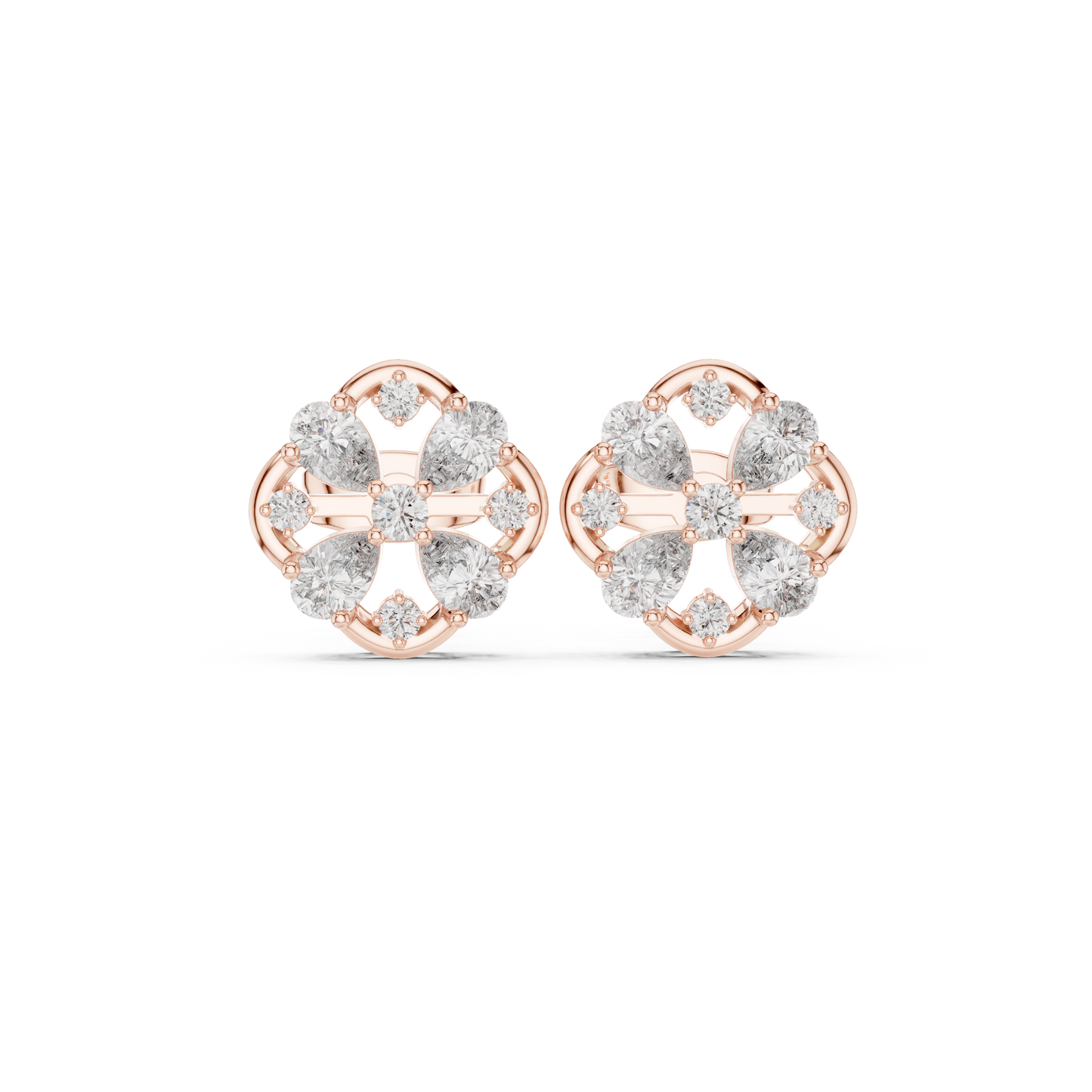 Macro shot capturing the sparkle of round and pear cut lab grown diamonds in a floral arrangement perfect for bridal jewelry and special occasion gifts for women