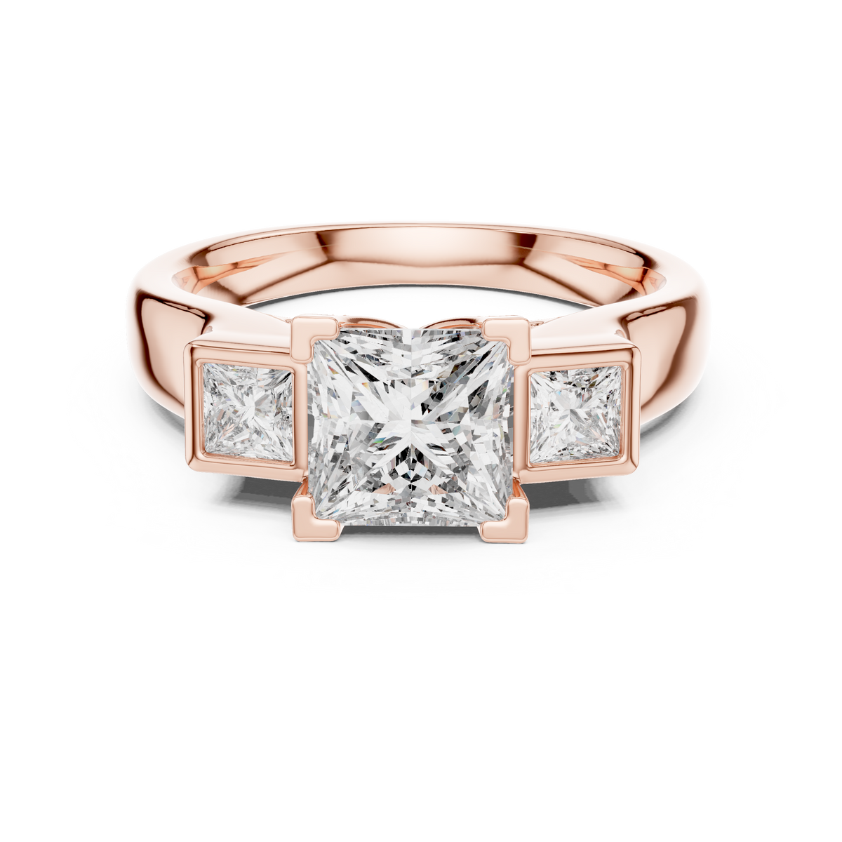 Main studio shot of a stunning 14K Gold Princess Cut Lab Grown Diamond Engagement Ring featuring a secure bezel setting and delicate pave diamonds on a tapered band showcasing luxury and elegance for modern bridal jewelry buyers searching for high quality engagement rings.

