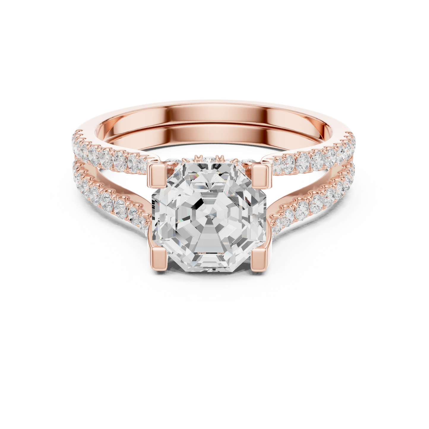 Main studio view of a 14K gold lab grown diamond octagon engagement ring featuring a delicate pave band and intricate hidden halo setting