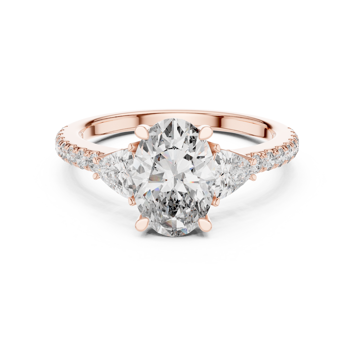 Main studio view of the elegant oval lab grown diamond engagement ring with a delicate pave band and hidden halo setting designed for luxury bridal look