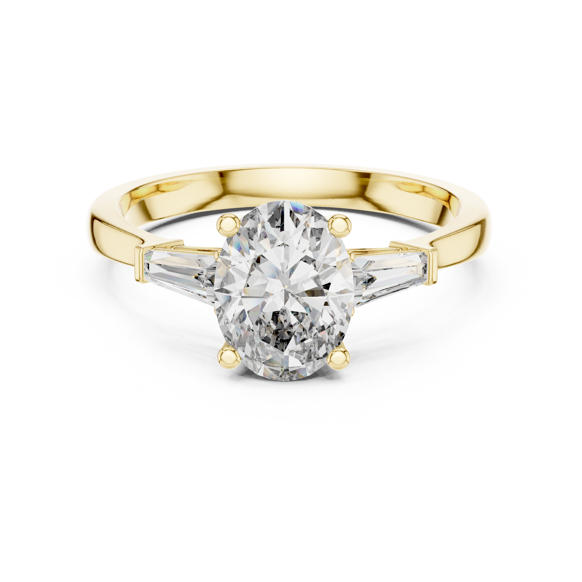 Measurement scale angle showing exact proportions of the 1.08ct oval diamond and 0.39ctw baguette side stones on standard US finger sizes for accurate fit

