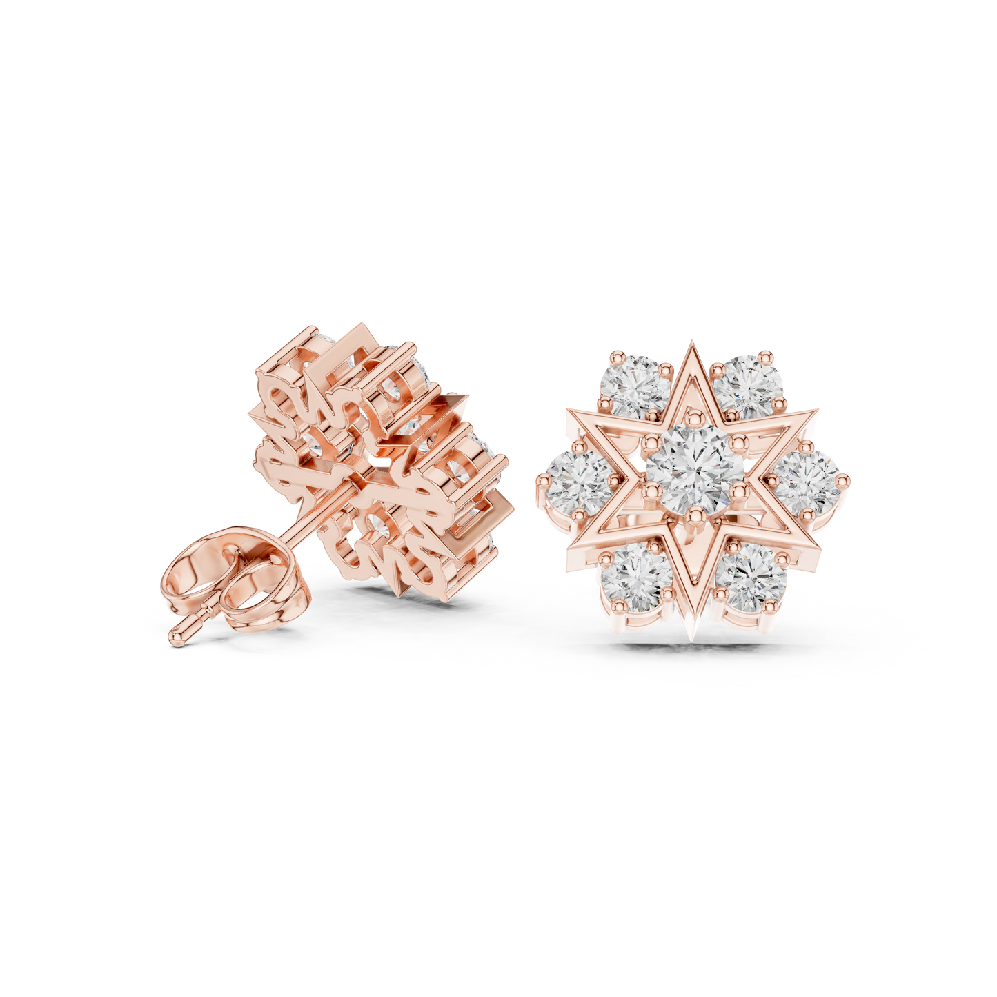 Model wearing Moissanite floral stud earrings on ear lobe to show actual size and brilliance for perfect gift selection