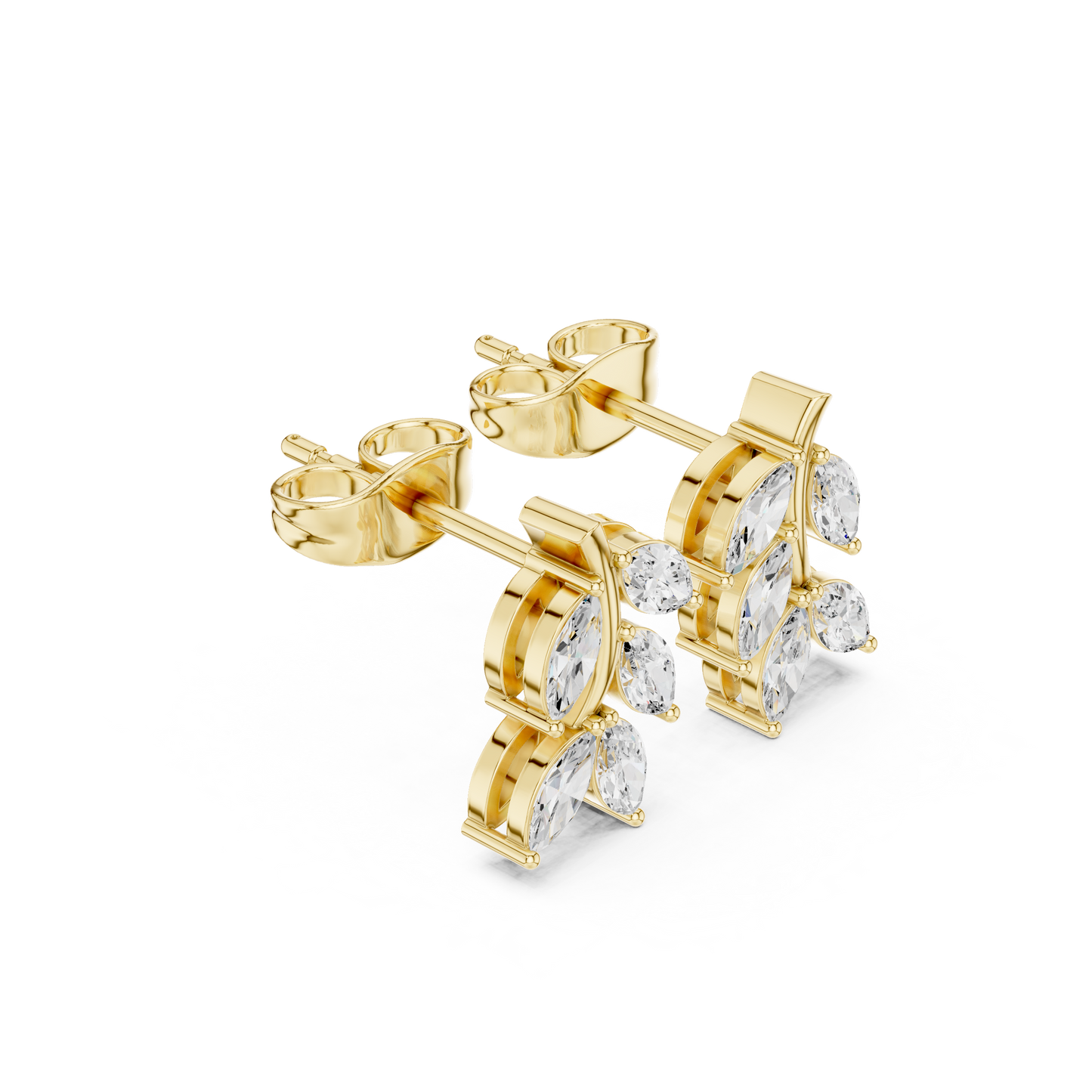 Modern 14K Gold Stud Earrings Featuring Marquise Diamonds Nature Inspired Style Leaf Marquise Diamond Earrings | 14K Gold Lab Grown Diamond Studs | Nature Inspired Jewelry | Minimalist Dainty Earrings | Gift For Her 45 Degree Angled Perspective Sparkle Light Refraction View Gift For Her Birthday Jewelry HB Prestige Jewels