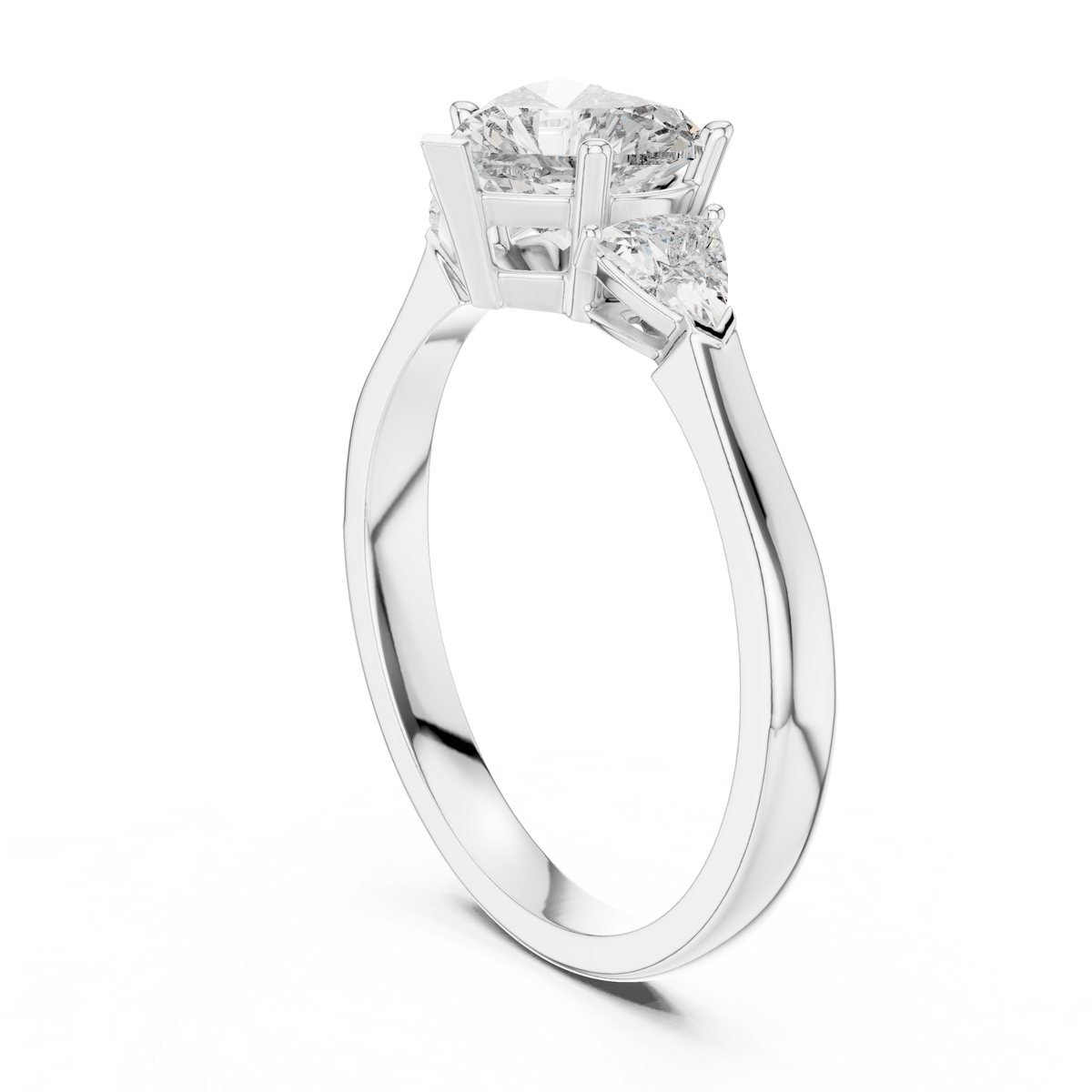 Natural daylight reflection capturing the brilliant luster and fire of the 1 carat heart cut lab diamond ring with trillion side stones in 18k solid gold.

