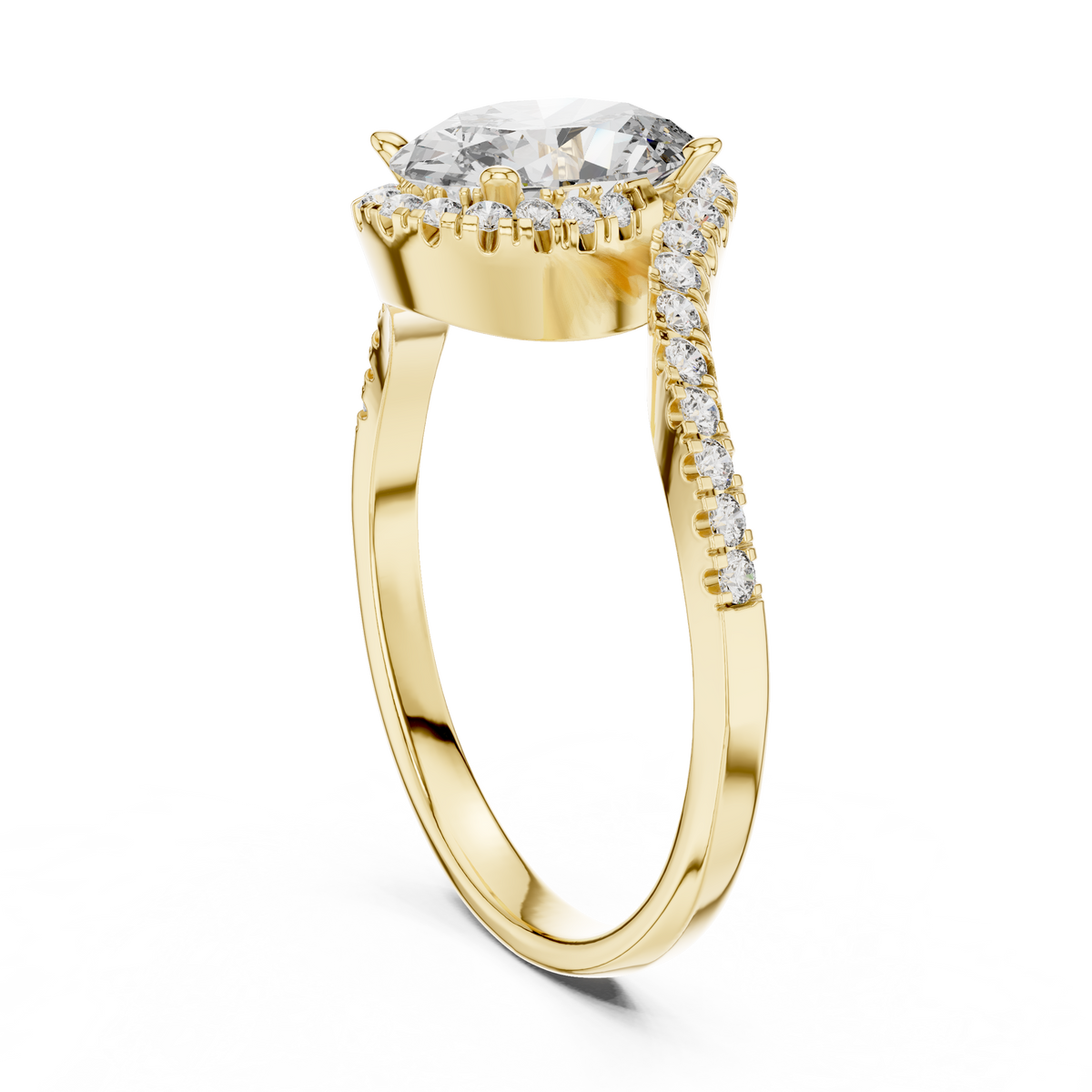 Natural daylight studio view revealing soft gold hue and pristine clarity of VVS oval lab diamond in 14K solid gold cathedral setting for everyday wear context.

