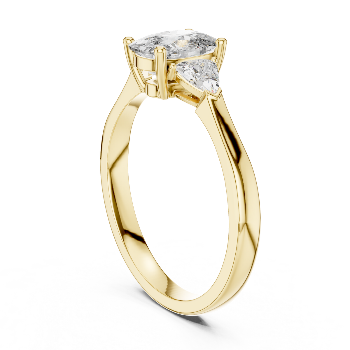 Natural daylight view showing the realistic appearance and soft reflection of the cushion cut lab diamond three stone ring in 14K yellow gold on hand model, capturing realistic everyday beauty and brilliant sparkle under natural sun light conditions for prospective buyers looking for eco diamonds.

