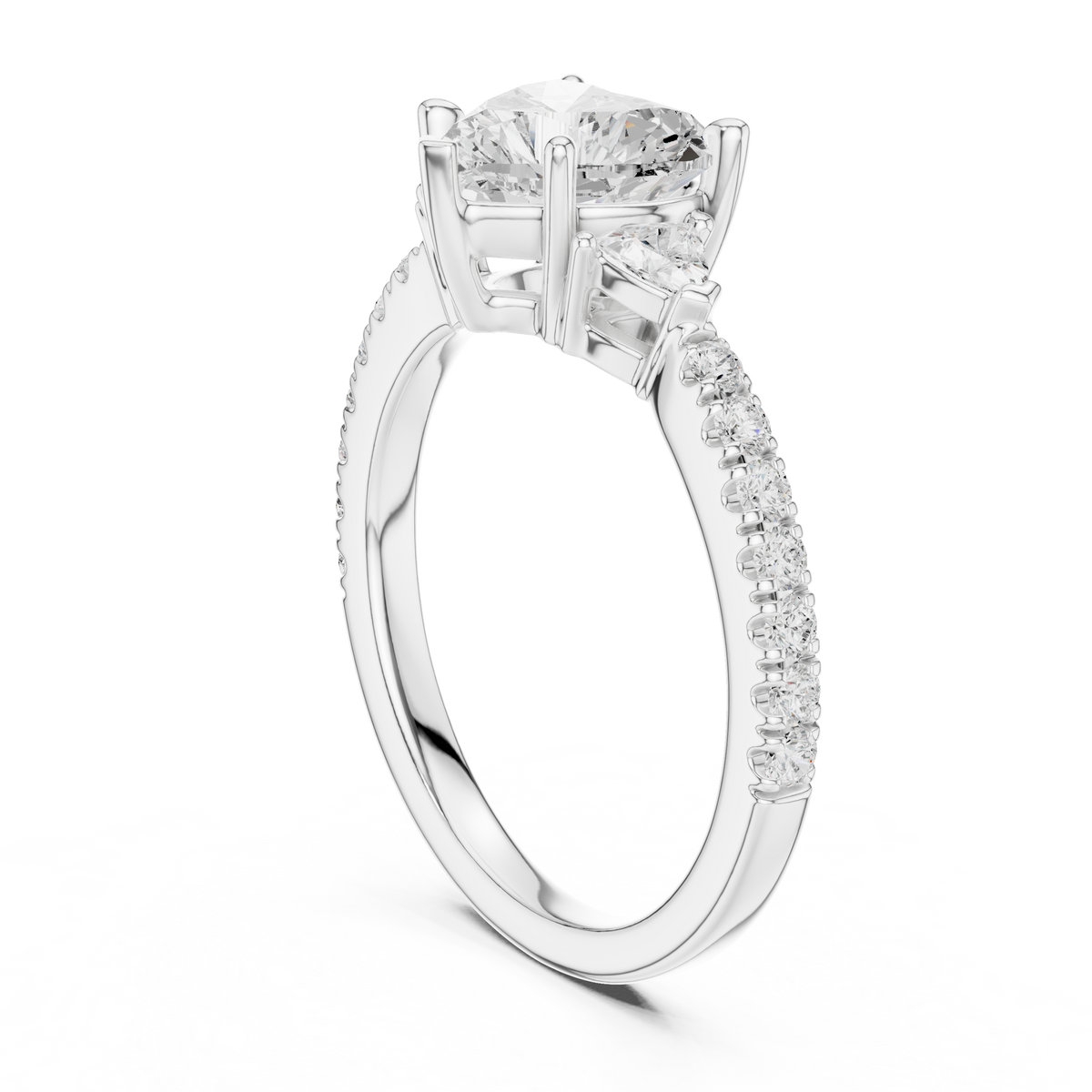 Natural light reflection angle of heart shape lab diamond three stone ring emphasizing high clarity VVS1 brilliance and polished gold shank surface, perfect for handmade fine jewelry shoppers.