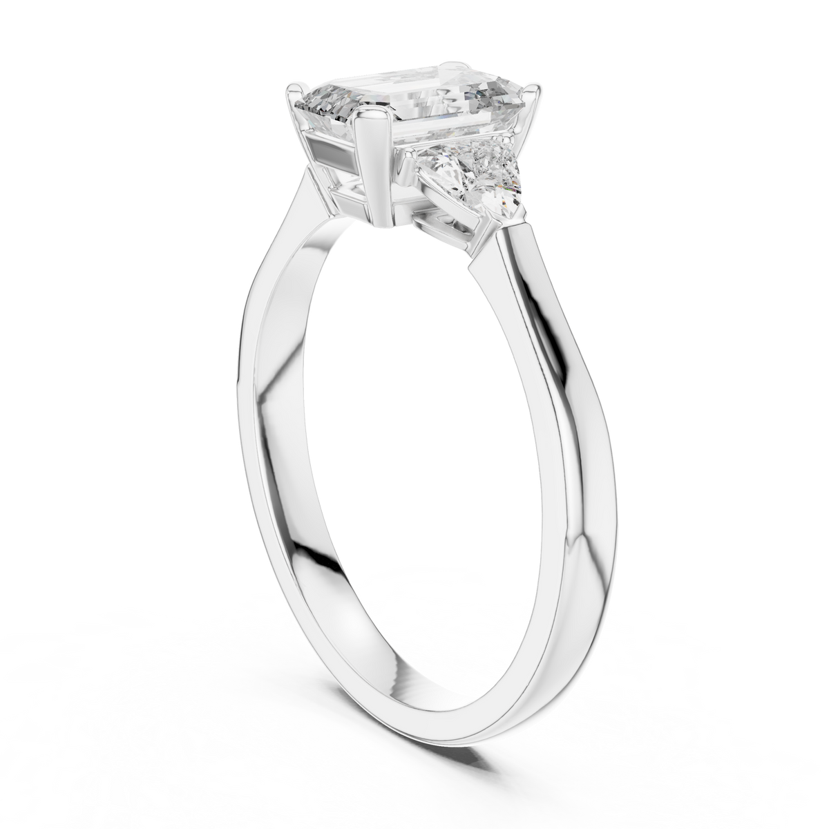Natural sunlight reflection hitting the lab grown diamonds of the 3 stone ring demonstrating the sparkle and fire that buyers search for in fine gold diamond jewelry online

