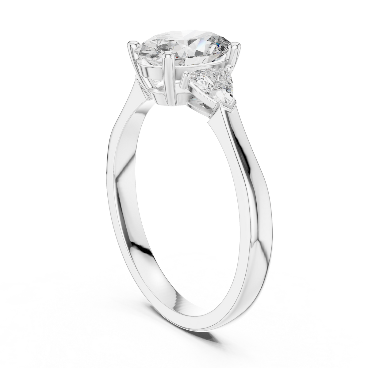 Natural sunlight reflection shot highlighting the fire and brilliance of the eco friendly lab grown oval diamond and trillion side accents mounted on a shiny 14K gold band.