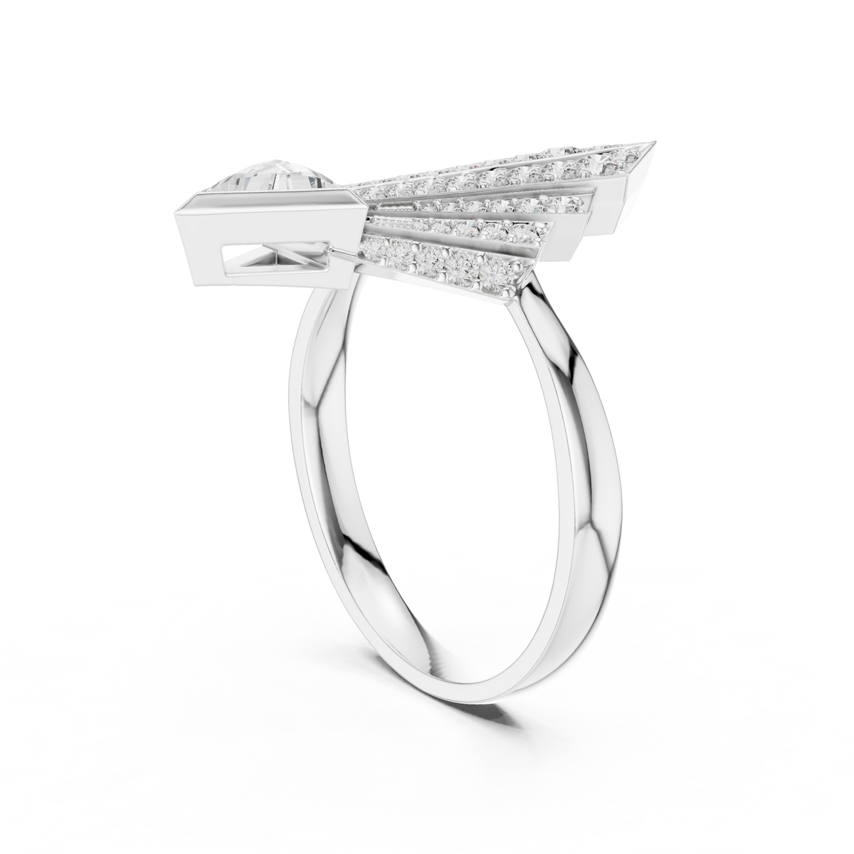 Natural sunlight view of the 14K Gold Lab Diamond Ring catching the light to highlight the incredible dispersion and brilliance of lab grown diamonds. The unique trillion cut central diamond radiates intense sparkle from every angle making it a showstopping gift for milestone birthdays and anniversaries.
