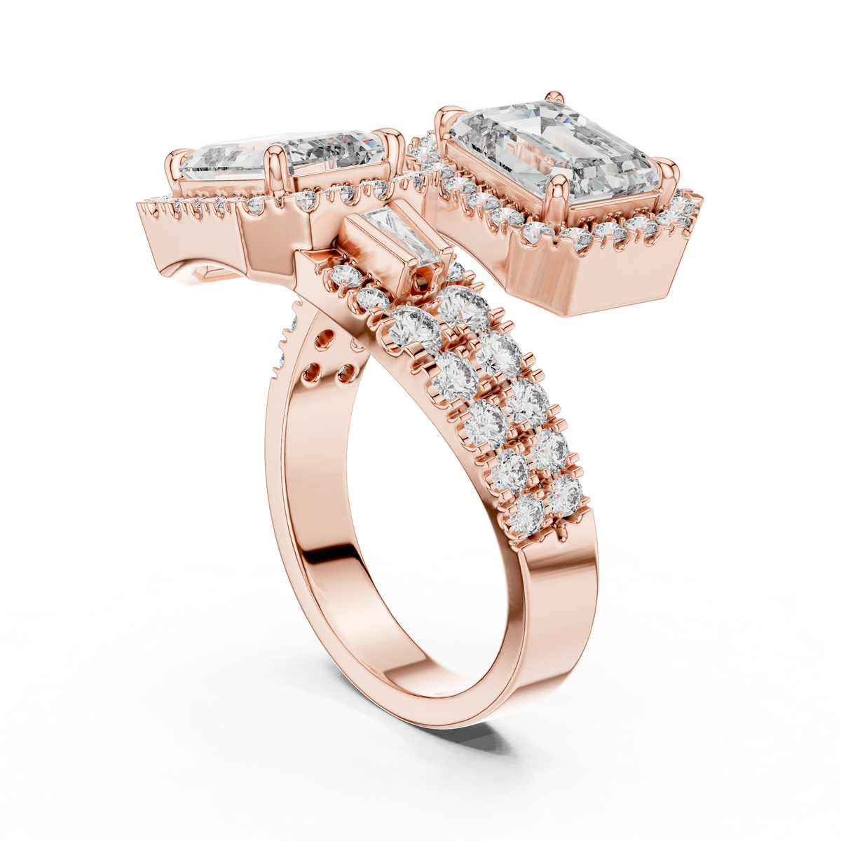 On hand model close up view of 14K Gold Lab Diamond Emerald Cut Toi Et Moi Ring sparkling in natural sunlight, demonstrating ring scale, finger coverage, and elegant two stone design ideal for modern bridal engagement and luxury promise ring shoppers.