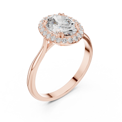 Oval Halo Engagement Ring Oval Cut Lab Grown Diamond 1.00Ct — Angled overhead view of the oval halo engagement ring in rose gold, capturing light reflection across the oval cut stone facets and surrounding micro prong halo details ideal for a romantic oval diamond halo proposal ring.