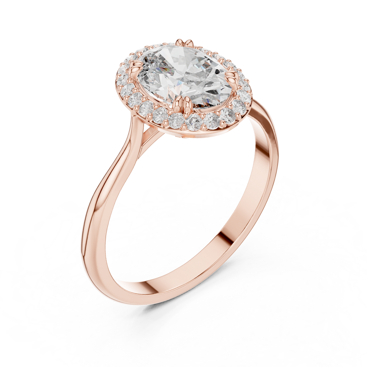 Oval Halo Engagement Ring Oval Cut Lab Grown Diamond 1.00Ct — Angled overhead view of the oval halo engagement ring in rose gold, capturing light reflection across the oval cut stone facets and surrounding micro prong halo details ideal for a romantic oval diamond halo proposal ring.