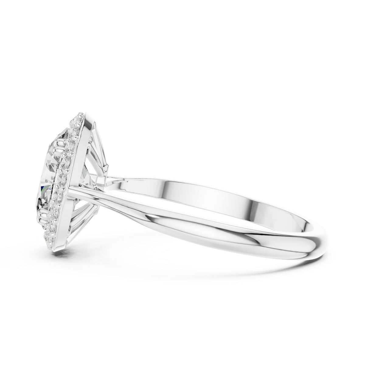 Oval Halo Engagement Ring Oval Cut Lab Grown Diamond 1.00Ct — Detailed side view of the oval halo engagement ring in white gold, presenting the intricate basket bridge work, secure micro prongs, and balanced height profile designed for comfortable daily wear as a lab diamond statement ring.