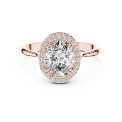 Oval Halo Engagement Ring Oval Cut Lab Grown Diamond 1.00Ct — Direct top view render of an oval halo engagement ring in polished rose gold, featuring a 1.00ct center oval lab grown diamond surrounded by twenty-two round halo accents on a smooth tapered band for a dainty sparkle bridal band.