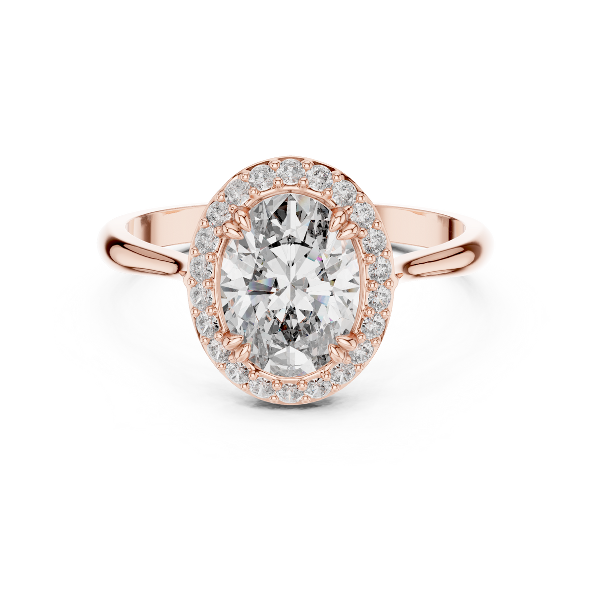 Oval Halo Engagement Ring Oval Cut Lab Grown Diamond 1.00Ct — Direct top view render of an oval halo engagement ring in polished rose gold, featuring a 1.00ct center oval lab grown diamond surrounded by twenty-two round halo accents on a smooth tapered band for a dainty sparkle bridal band.